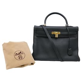 Hermès-Hermes Kelly 35 Handbag in Black Taurillon Clemence Leather-Black