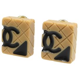 Chanel Cambon Line Coco Mark Clip Earrings Black Beige