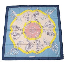 Cachecol de seda Hermès Carre 90 Azul Amarelo Azul marinho