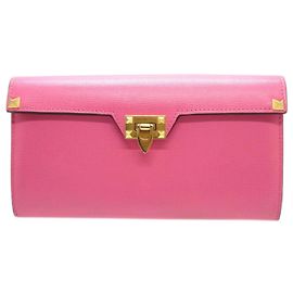 Valentino Rockstud Leather Bi-fold Long Wallet Pink Red