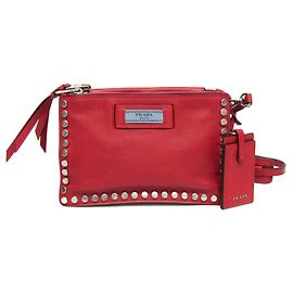 Prada Etiquette Studs Leather Shoulder Bag Red