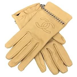 Chanel-Chanel Beige Leather and Silk Short Gloves-Beige