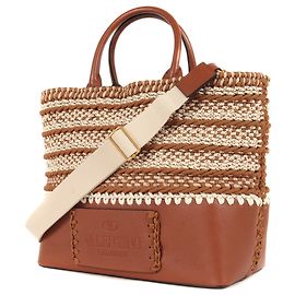 Bolsa de ombro de couro crochê bicolor Valentino Marrom Cru Areia