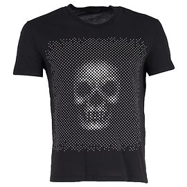 Camiseta de cuello redondo de algodón negro con estampado de calavera óptica Alexander McQueen Negro