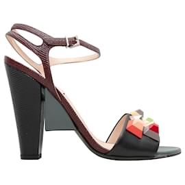 Fendi-Black & Multicolor Fendi Cabochon-Embellished Heeled Sandals Size 39-Black