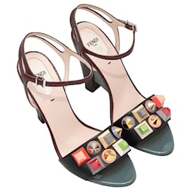 Fendi-Black & Multicolor Fendi Cabochon-Embellished Heeled Sandals Size 39-Black