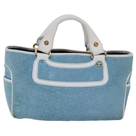 Céline-CELINE C Macadam Canvas Hand Bag Suede Light Blue White Auth 80260-White,Light blue