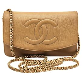 Chanel-Bolsa de corrente em couro caviar Chanel Double CC com aba simples-Bege