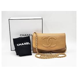 Chanel-Bolsa de corrente em couro caviar Chanel Double CC com aba simples-Bege