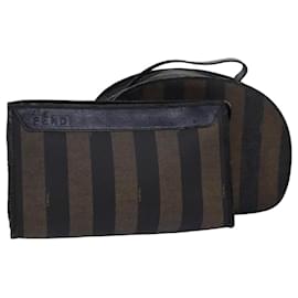 Fendi-FENDI Pecan Canvas Clutch Bag 2Set Brown Black Auth ar11882-Brown,Black