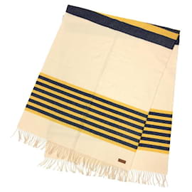 Hermès-Hermes Cashmere Large Stole-Cream,Yellow,Navy blue