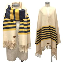 Hermès-Hermes Cashmere Large Stole-Cream,Yellow,Navy blue