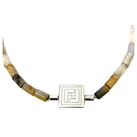 Fendi-Fendi Gray and White Stone FF Logo Necklace-Brown,White