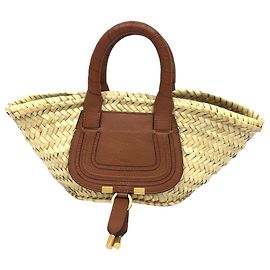 Chloé Marcie Handbraid Raffia and Leather Basket Bag Brown