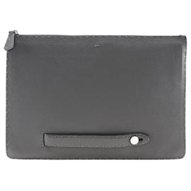 Fendi-Fendi Selleria Calfskin Gray Clutch Bag-Brown