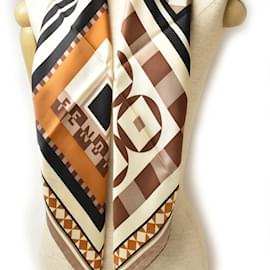 Fendi-Fendi Silk Twill Scarf-Brown,Beige