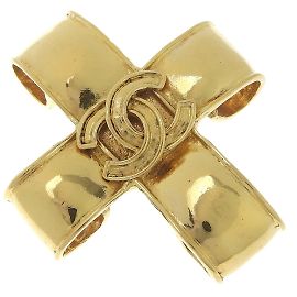 Broche vintage en plaqué or Chanel Cross Cocomark Doré