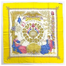 Hermès-Écharpe Carre 90 Hermes Muffler-Blanc,Jaune