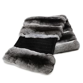 Fendi-Fendi Gray and White Fur Muffler Silk Shawl-Brown,White
