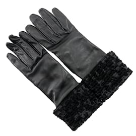 Hermès-Hermes Black Lambskin and Satin Short Gloves-Black