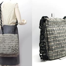 Autre Marque-Chenel Tweed Chain Shoulder Bag Camellia-Black,White,Grey