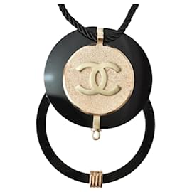 Chanel-Collier ras de cou en strass noir et or Chanel-Noir,Doré