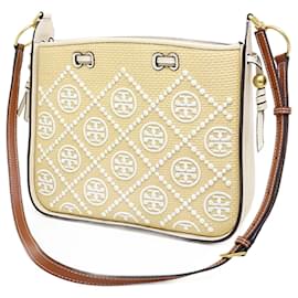 Tory Burch-Tory Burch T Monogram Straw Bell Bag-Brown,White,Beige