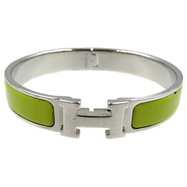 Hermès-Bracelet en métal émaillé Click-Clack d'Hermès-Argenté,Vert