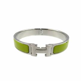 Hermès-Bracelet en métal émaillé Click-Clack d'Hermès-Argenté,Vert