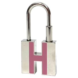 Hermès-Hermes Light Pink and Silver Key Hook Keychain Bag Charm-Silvery,Pink