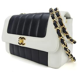 Chanel-Chanel Mademoiselle Lambskin Shoulder Bag-White,Navy blue