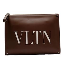 Valentino Garavani-Bolsa clutch de couro marrom com studs Valentino Garavani-Marrom