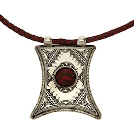 Hermès-Hermes Tuareg Leather Silver Necklace-Brown,Silvery,Dark red