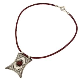 Hermès-Hermes Tuareg Leather Silver Necklace-Brown,Silvery,Dark red