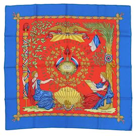 Hermès-Hermes Carre 90 Scarf in Blue and Red-Red,Blue