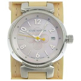 Louis Vuitton-Montre à quartz pour femmes Louis Vuitton Tambour Monogram Verni-Argenté,Rose,Beige