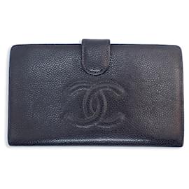 Chanel-Cartera larga de cuero caviar Chanel-Negro,Dorado