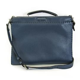 Fendi-Fendi Selleria Peekaboo Fit 7VA406 Men's Leather Briefcase/Shoulder Bag-Navy blue