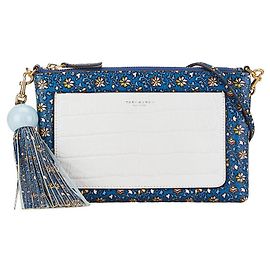 Bolsa 2 em 1 de couro com tassel e flor Tory Burch em couro com textura de crocodilo Azul