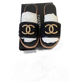 Chanel Sandals Black Tweed Gold CC Hardware Black