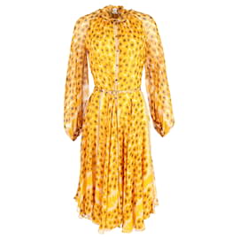 Hermès-Hermes Midi Print Belted Dress in Yellow Silk-Yellow,Camel