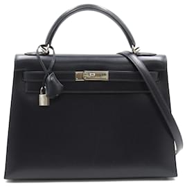 Hermès-Sac à main Hermes Kelly 32-Bleu Marine