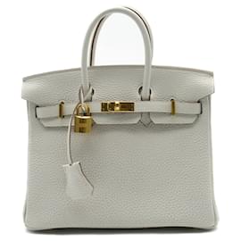 Hermès-Sac à main Hermes Birkin 25 Gris Perle-Blanc