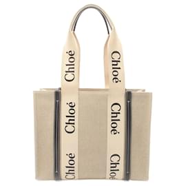 Chloé-Chloé WOODY Bolsa Tote Mediana-Beige,Azul marino