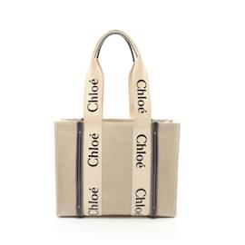 Chloé-Chloé WOODY Bolsa Tote Mediana-Beige,Azul marino