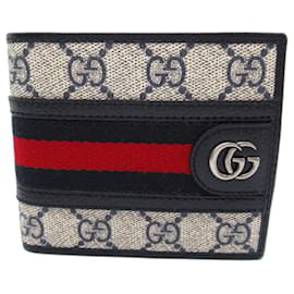 Gucci-Gucci Bi-fold Wallet in Coated Canvas-Beige,Navy blue