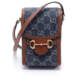 Gucci-Gucci Horsebit 1955 Denim Shoulder Bag-Brown,Navy blue