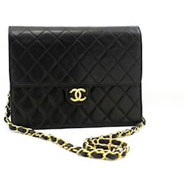 Chanel-CHANEL Petit Sac à Chaîne Épaule Pochette Noir Matelassé Rabat Cuir d'Agneau-Noir