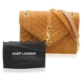 Saint Laurent-Sac à rabat en cuir suédé tan mélangé Triquilt Small Monogram de Saint Laurent-Marron