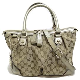 Gucci-Sac à épaule en toile et cuir beige Gucci-Beige